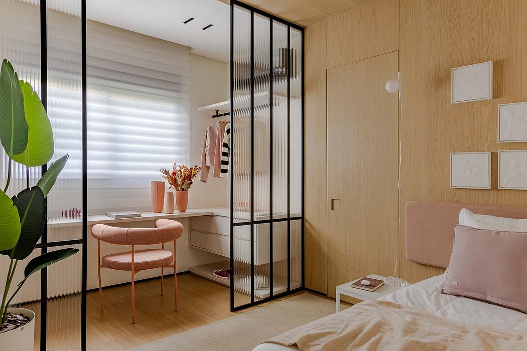 Cozy bedroom with warm wood paneling, stylish furnishings, and natural light.