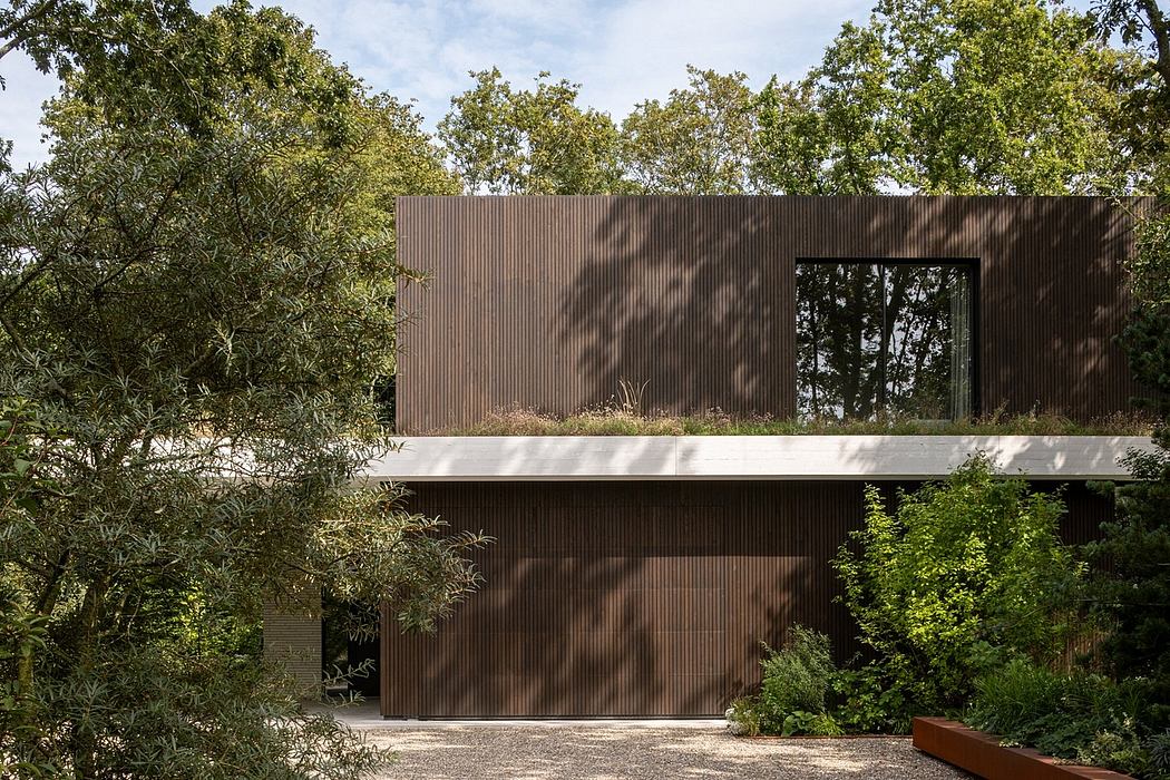 A modern, wooden structure with a large window framed by lush, green foliage.