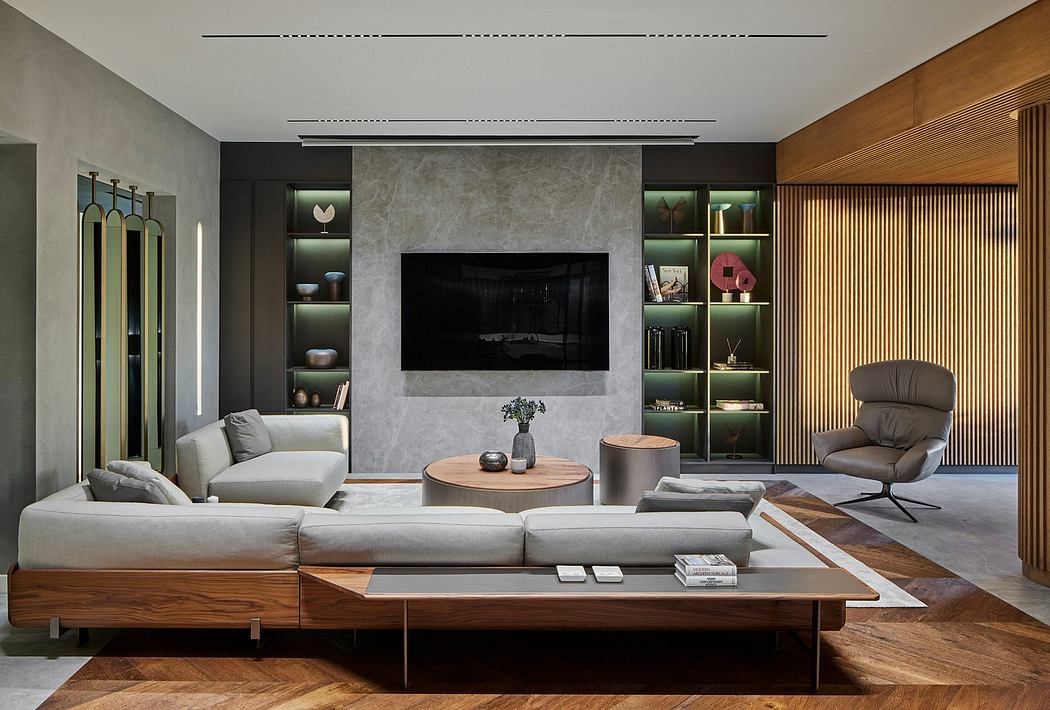 Sophisticated living space with sleek gray walls, wooden accents, and minimalist furniture.