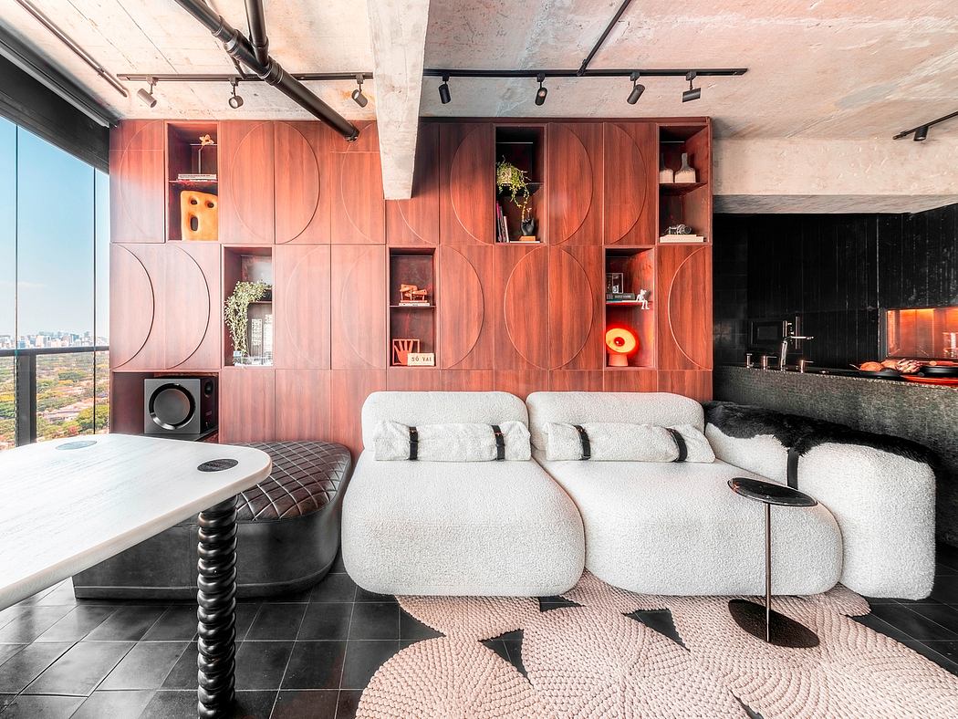 Modern living space with wooden geometric shelving, plush seating, and eclectic lighting.