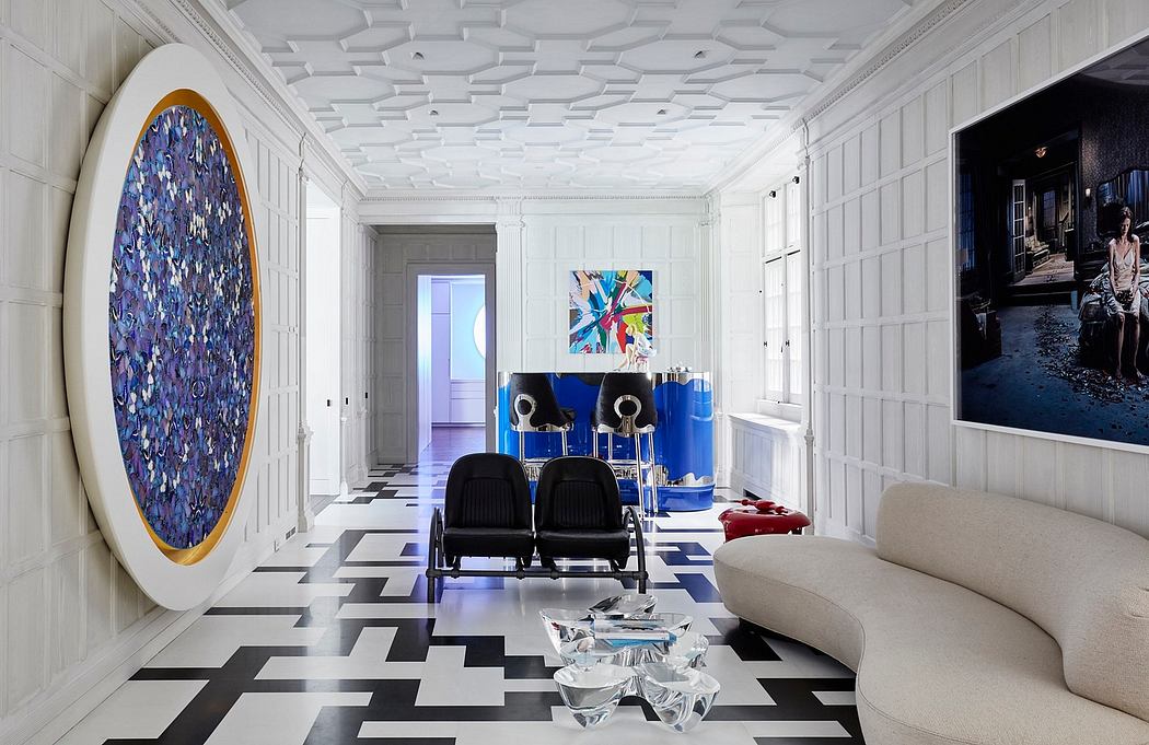 Ornate white plaster ceiling, geometric tiled floor, modern art and furnishings.