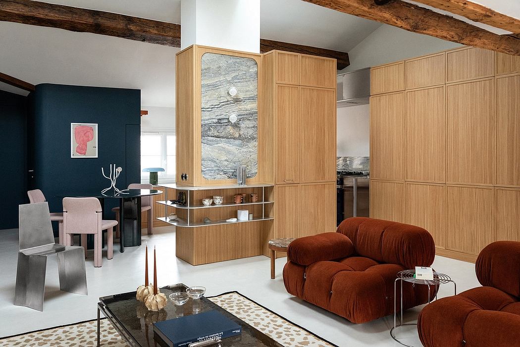 Modern, rustic living room with wooden beams, built-in cabinetry, and velvet sofas.