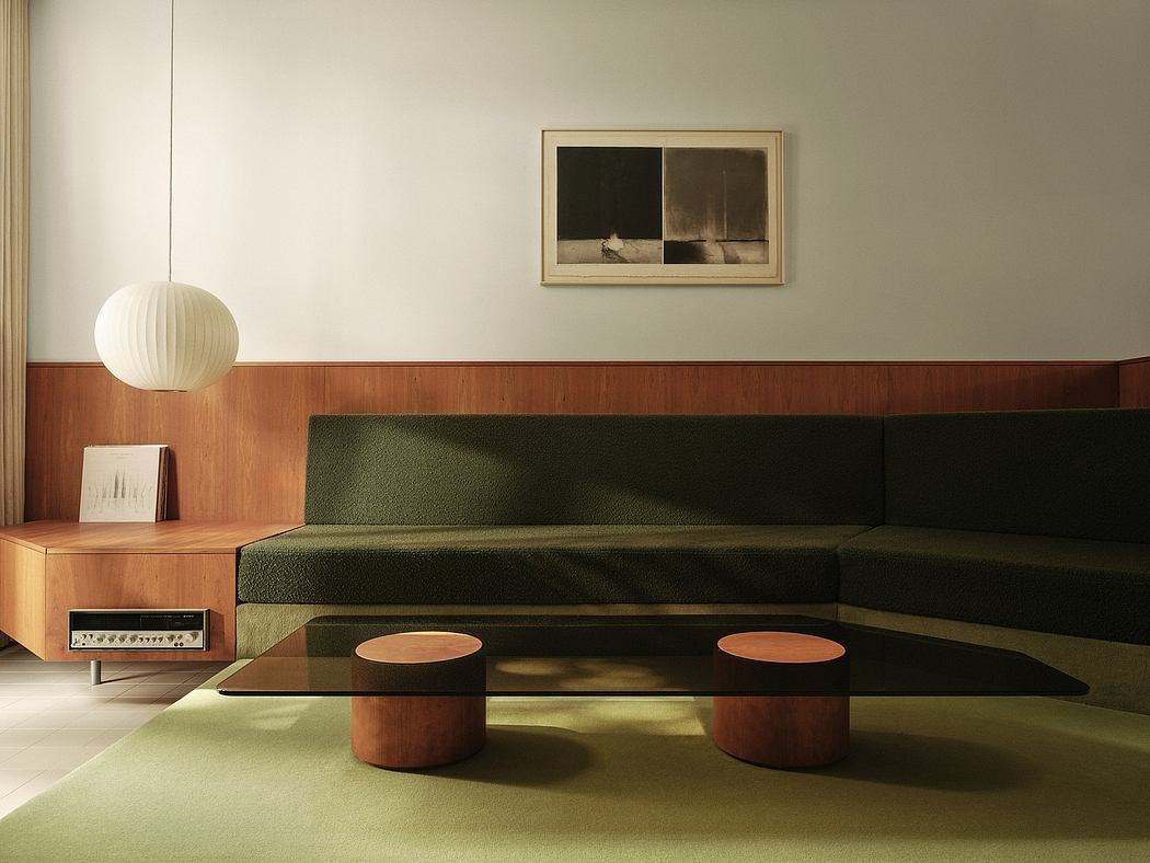 Warm, minimalist living room with wood paneling, built-in sofa, and mid-century furniture.