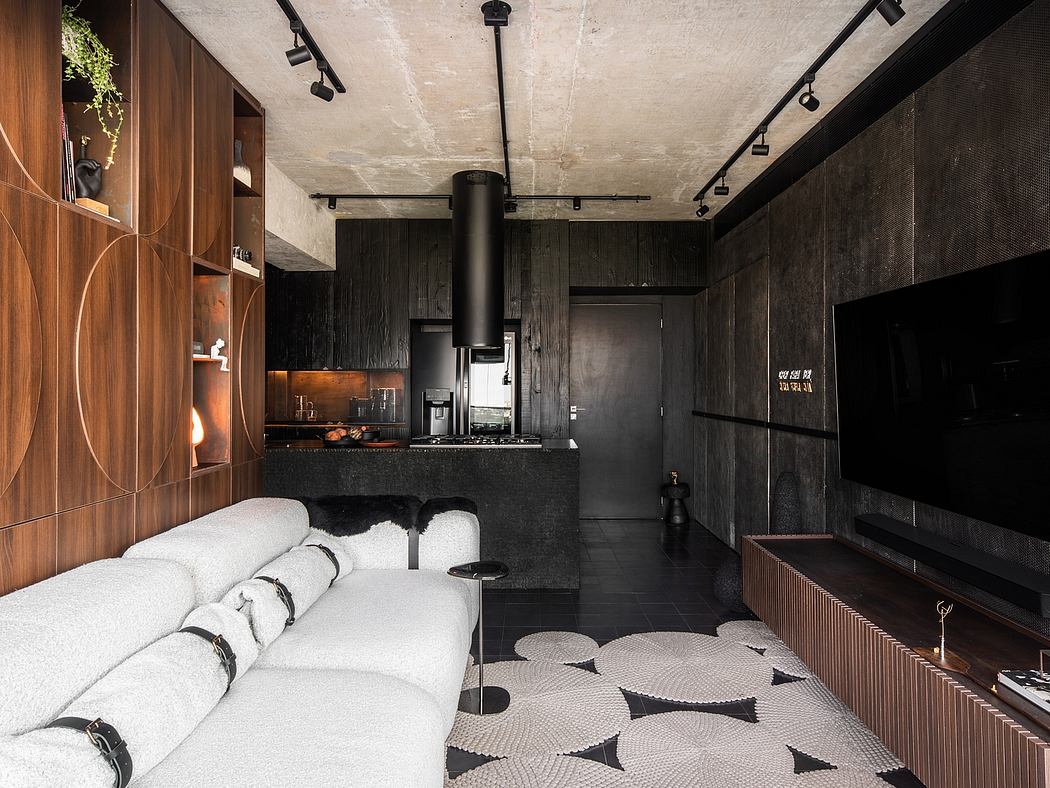 Striking industrial-style interior with exposed concrete, wood accents, and minimalist furnishings.