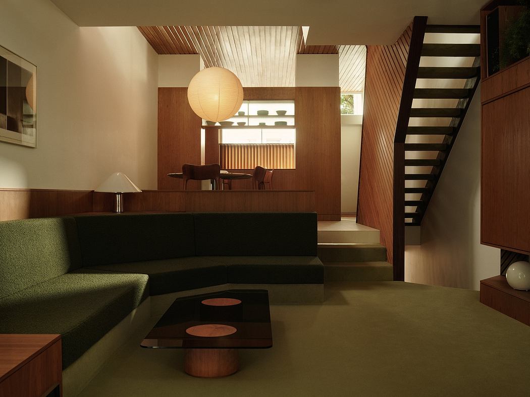 A well-designed, mid-century modern living space with a cozy atmosphere and warm wooden accents.