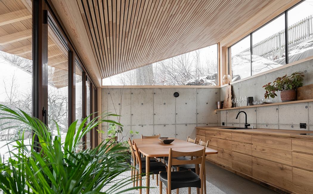 A modern, minimalist kitchen with wood-paneled ceiling, concrete walls, and large windows.