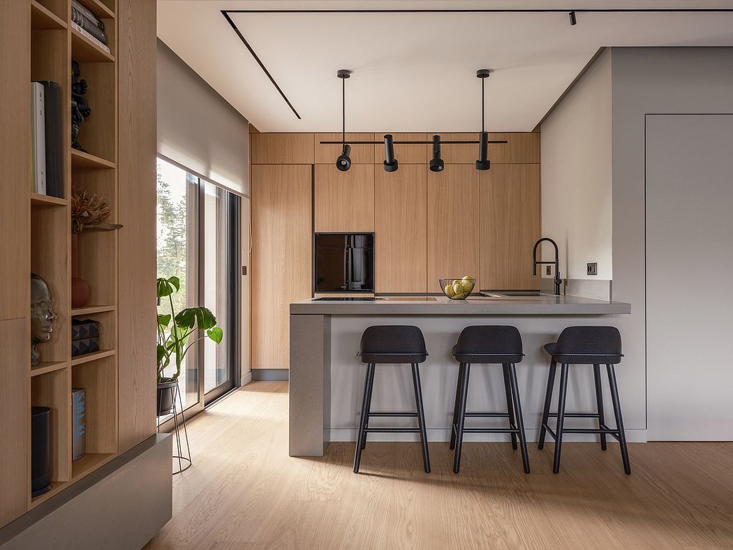 Modern kitchen with sleek gray countertop, wooden cabinetry, and minimalist pendant lighting.