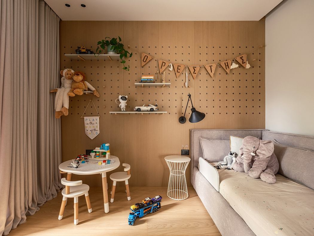 A cozy and playful children's bedroom with textured wood paneling, shelves, and toys.