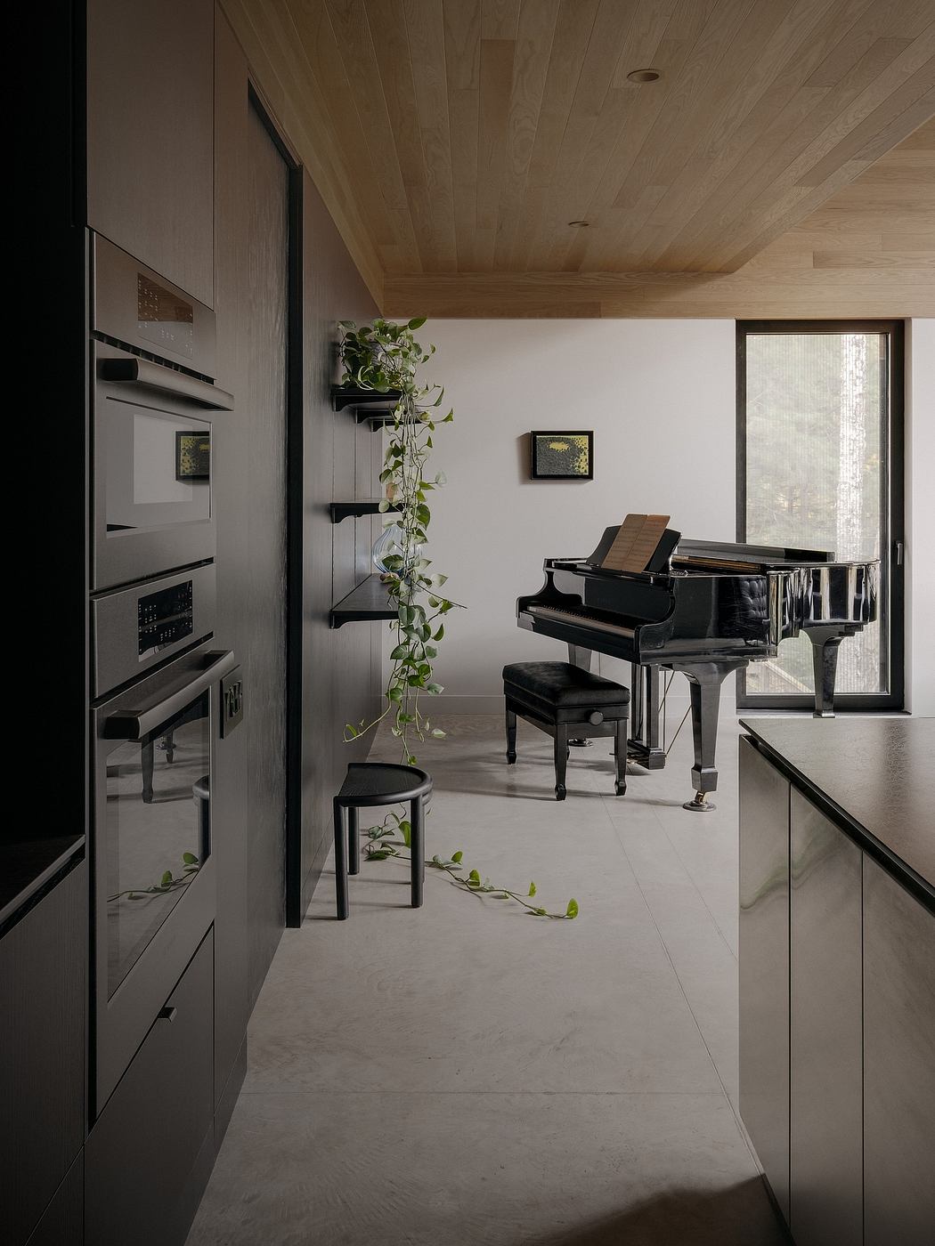 Minimalist interior design with wooden ceiling, piano, and potted plant decor.