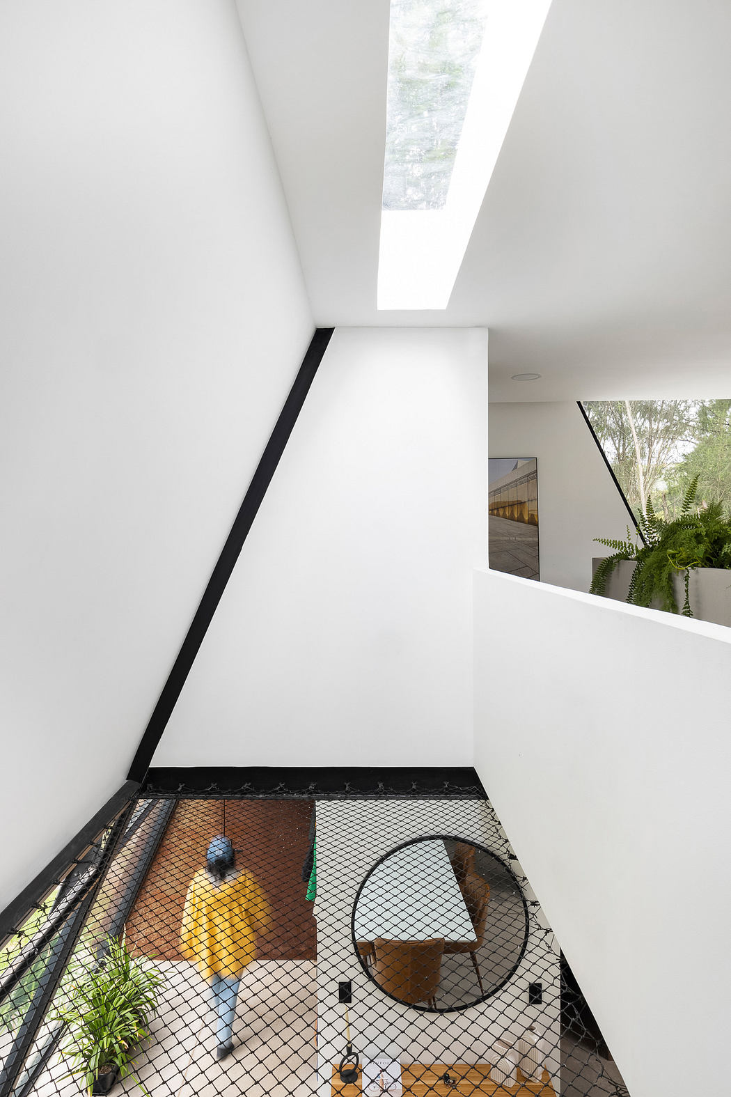 Modern minimalist interior with angled ceiling, mesh guardrail, and plants.
