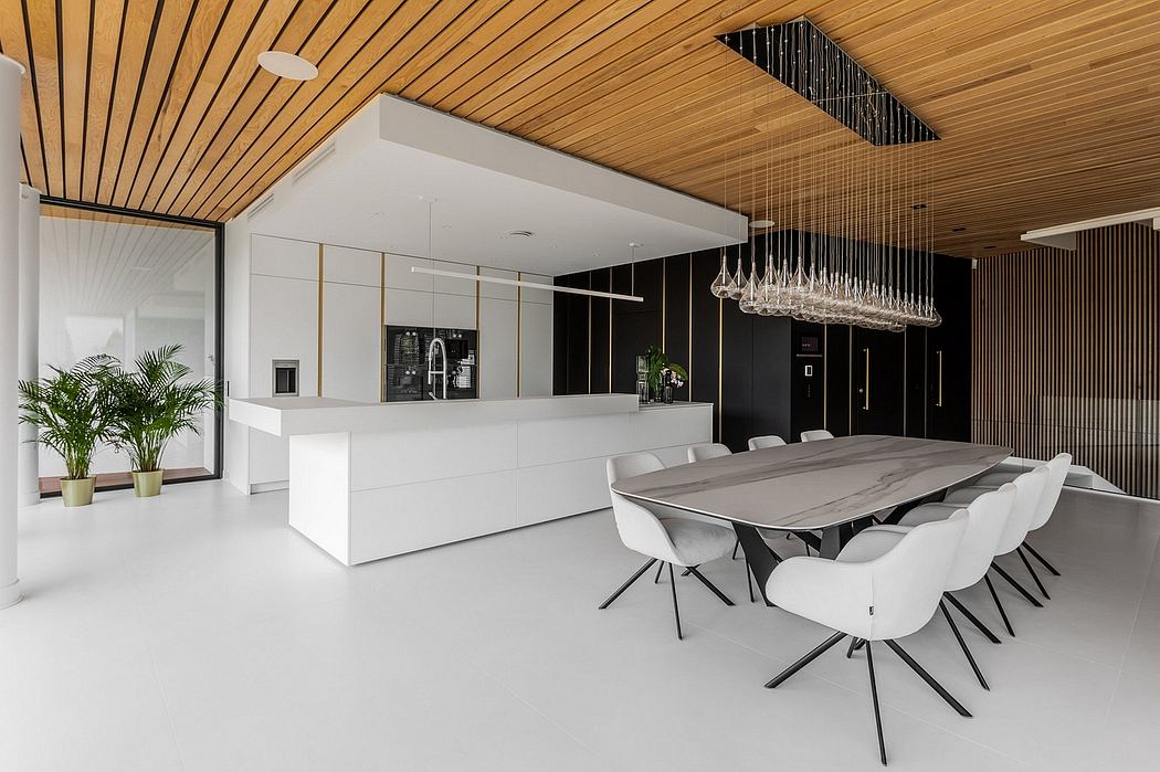 Sleek modern kitchen with monochrome palette, geometric lighting, and wood-paneled ceiling.