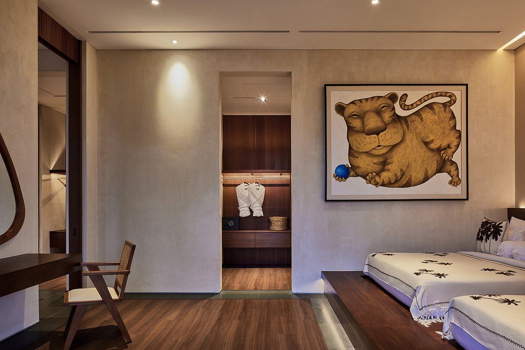 A modern bedroom with a large wall art piece featuring a stylized tiger figure.