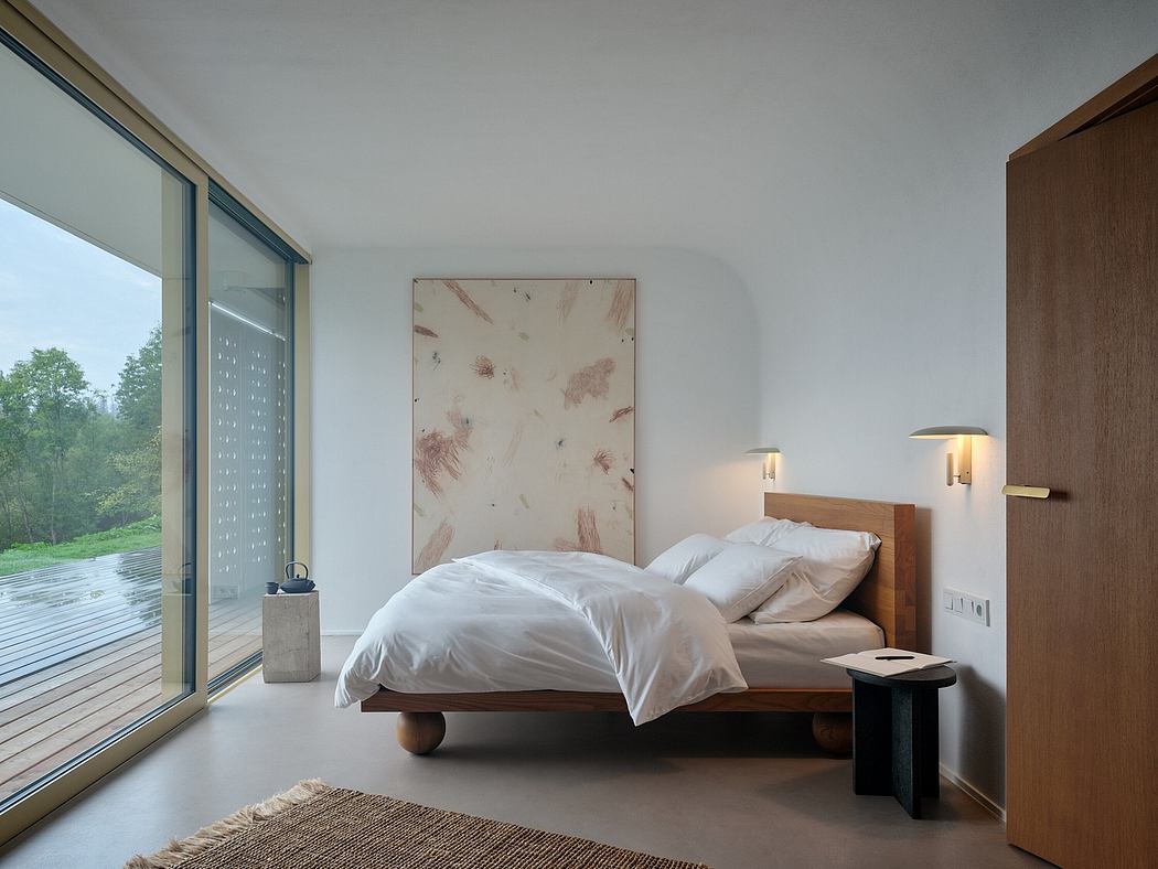 Minimalist bedroom design with floor-to-ceiling windows, wooden bed frame, and abstract artwork.