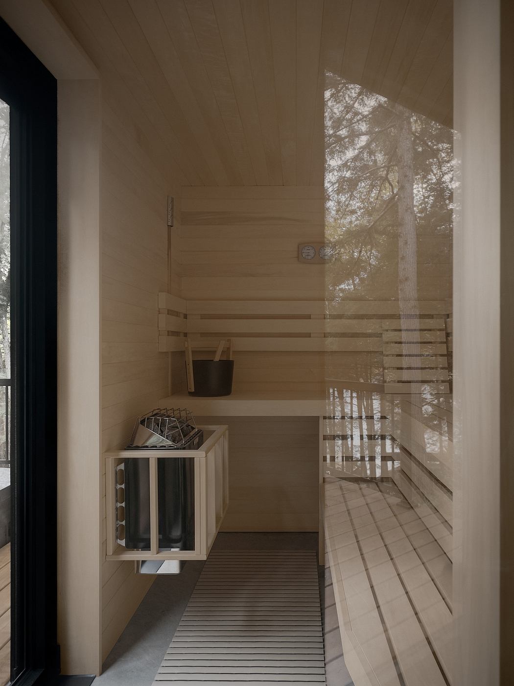 Warm, minimalist cabin interior with wooden walls, metal accents, and scenic forest view.