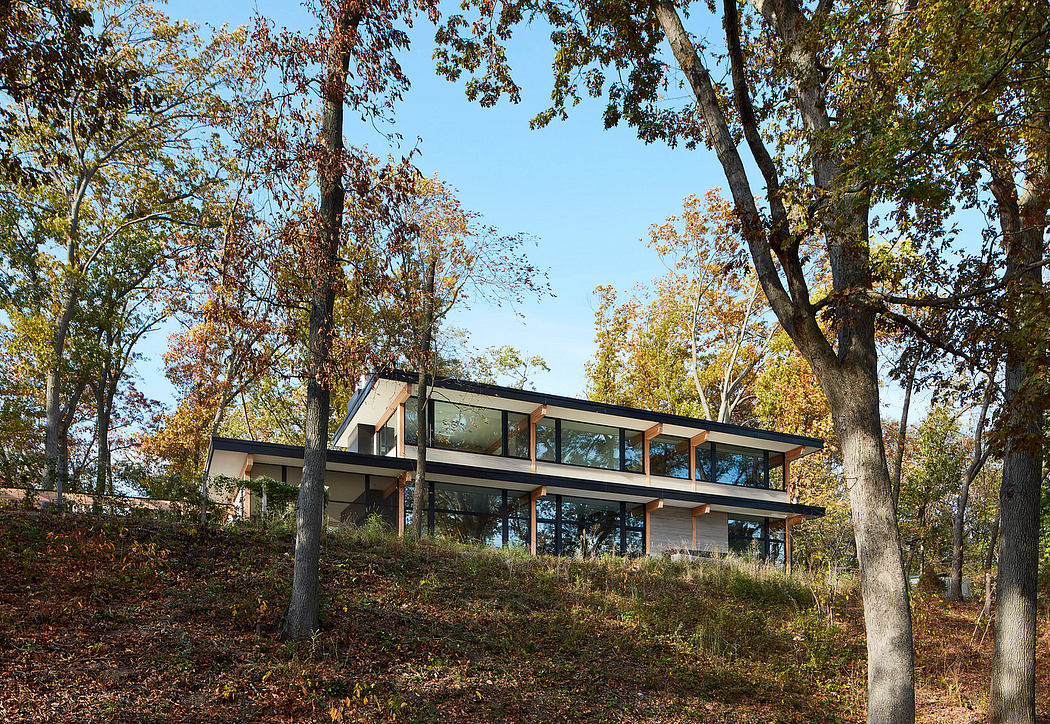 A modern, two-story glass and wood house set in a lush, wooded landscape.