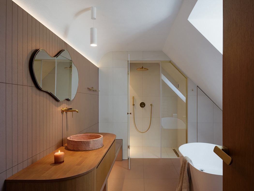 Sleek, modern bathroom with heart-shaped mirror, stone vanity, and glass shower enclosure.