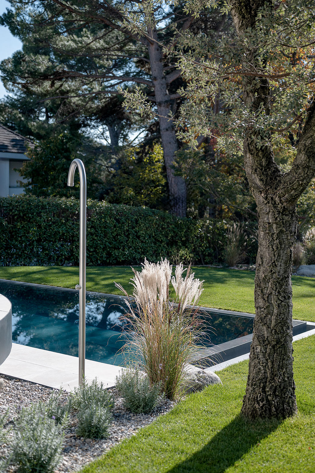 Lush landscaping surrounds a sleek pool with a minimalist outdoor shower.