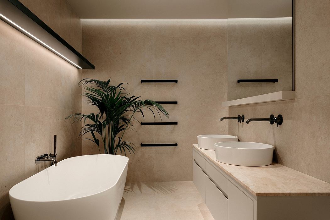 A minimalist bathroom with a freestanding tub, vessel sinks, and shelving for a spa-like feel.