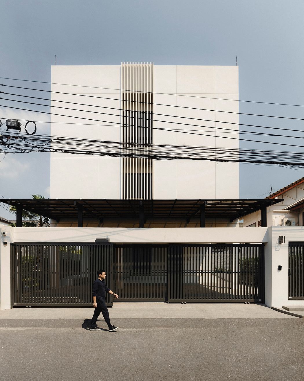 A striking architectural design with contrasting vertical and horizontal elements.