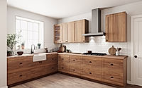 The modern wooden kitchen design showcases elegant finishes that elevate the overall space ambiance